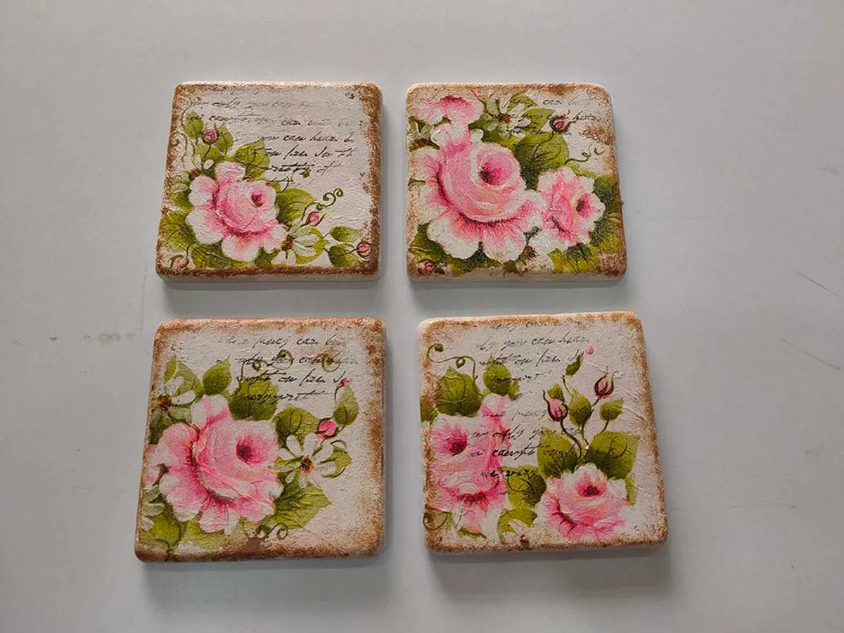 white and pink floral marble coasters