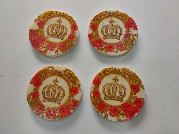 round shaped white floral and gold marble coasters