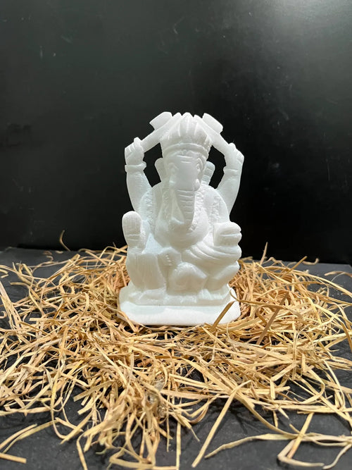 5 inch White Marble Ganesh Idol/Murti Right Trunk for Home Temple and Gifting